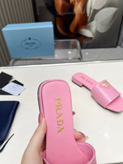 PRA SAFFIANO PATENT SLIDES OSTRICH MOTIF PINK CALFSKIN