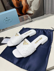 PRA SAFFIANO PATENT SLIDES OSTRICH MOTIF WHITE CALFSKIN