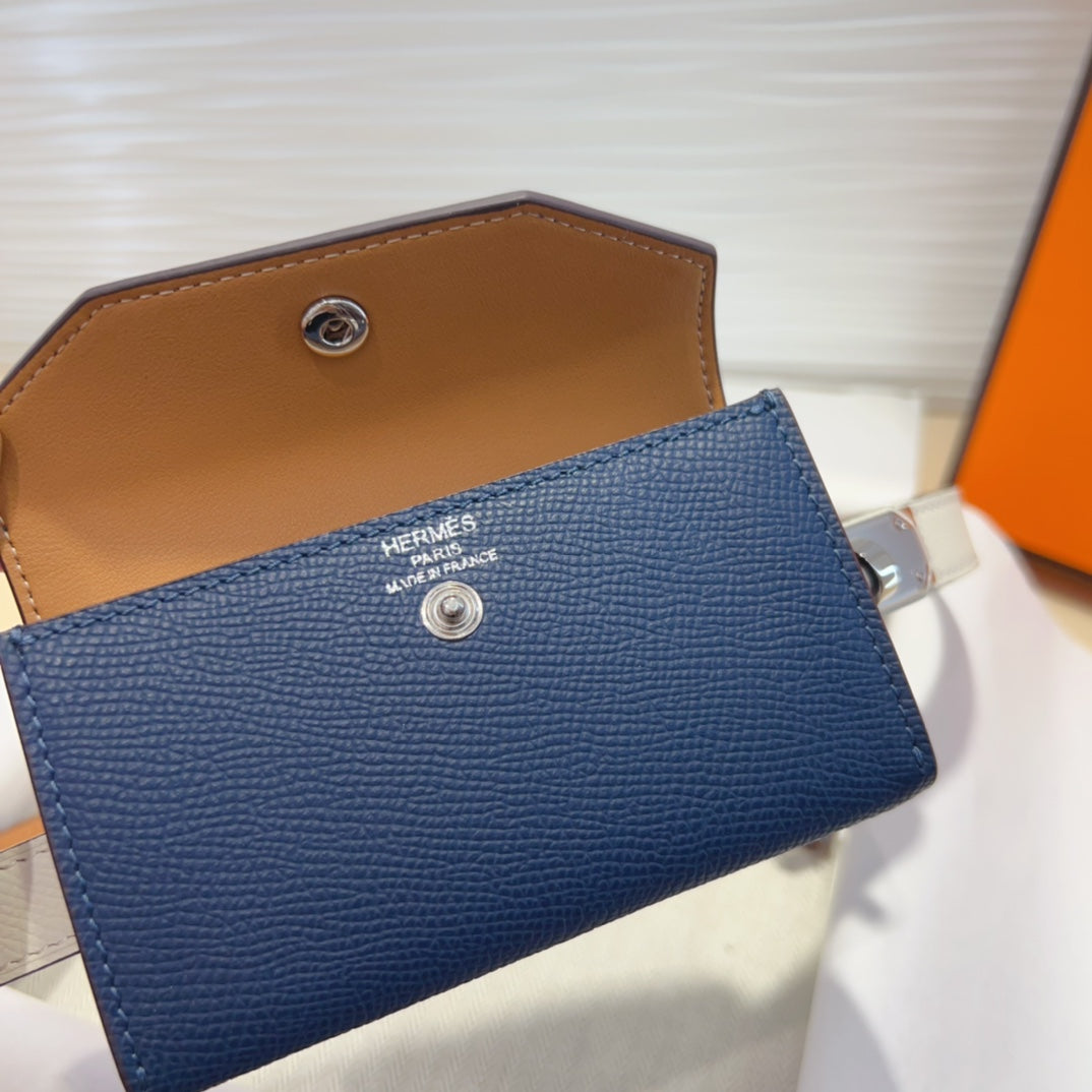 HM KELLY NAVY BLUE POCKET 18MM BELT WHITE LEATHER SILVER HARDWARE