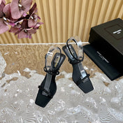 NUIT SANDALS 85 IN BLACK CREPE SATIN AND BLACK RHINESTONES