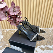 RENDEZ-VOUS SANDALS 70 IN SATIN CREPE PATENT BLACK LEATHER