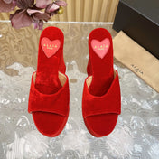 ALAIA PLATFORM WEDGE IN CHERRY RED VELVET WITH HEART EMBROIDERED