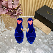 ALAIA PLATFORM WEDGE IN COBALT BLUE VELVET WITH HEART EMBROIDERED
