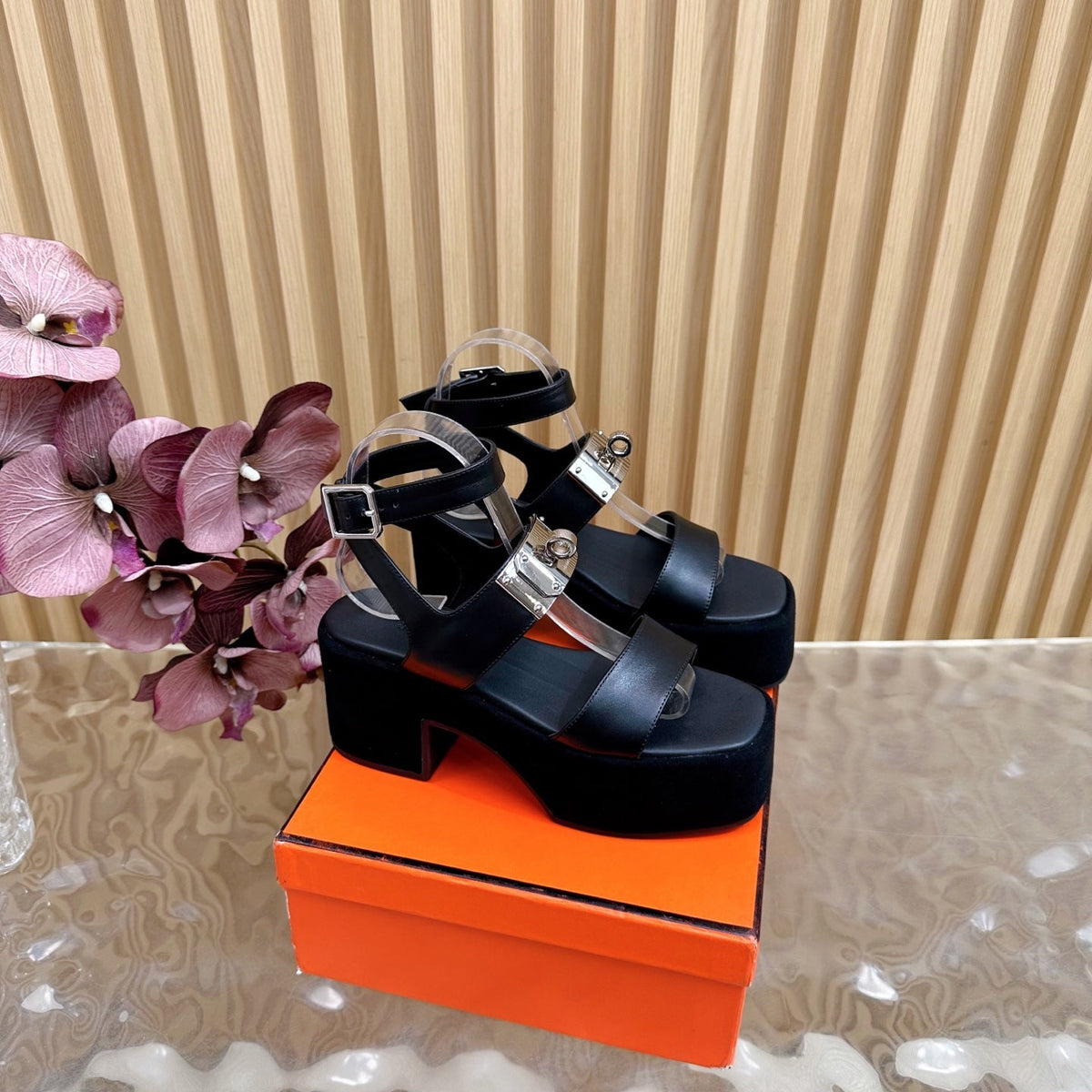 HM 25S CLASSIC WEDGE SANDALS 70 MM IN BLACK LAMBSKIN WITH SILVER HARDWARE