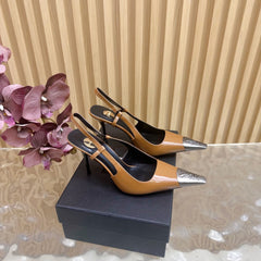 YSL 25S HIGH-HEEL SLINGBACKS 85 MM IN CAMEL BROWN LAMBSKIN AND SILVER HARDWARE