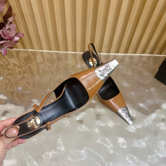 YSL 25S HIGH-HEEL SLINGBACKS 85 MM IN CAMEL BROWN LAMBSKIN AND SILVER HARDWARE