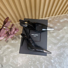 YSL 25S HIGH-HEEL SLINGBACKS 85 MM IN BLACK SHINY LAMBSKIN AND SILVER HARDWARE