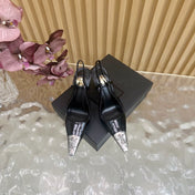 YSL 25S HIGH-HEEL SLINGBACKS 105 MM IN BLACK SHINY LAMBSKIN AND SILVER HARDWARE