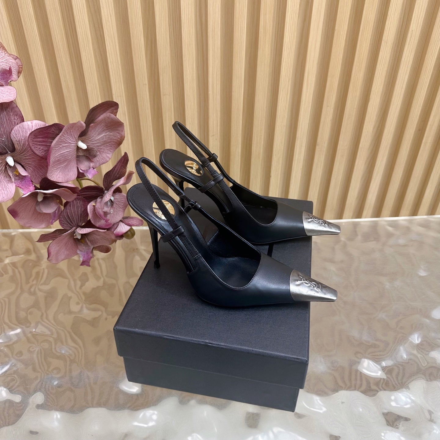 YSL 25S HIGH-HEEL SLINGBACKS 105 MM IN BLACK LAMBSKIN AND SILVER HARDWARE