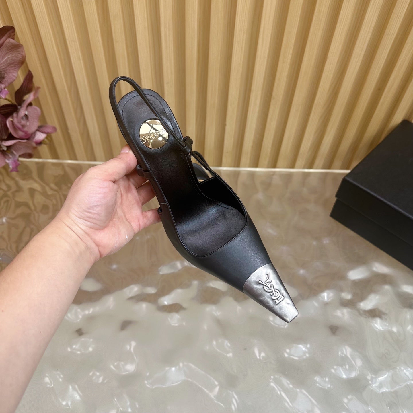 YSL 25S HIGH-HEEL SLINGBACKS 105 MM IN BLACK LAMBSKIN AND SILVER HARDWARE