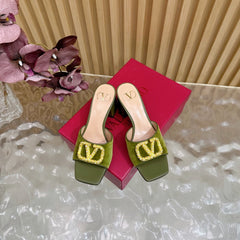 VALENTINO 25S HIGH-HEEL MULES 60 MM IN MOSS GREEN VELVET AND CALFSKIN WITH GOLD HARDWARE