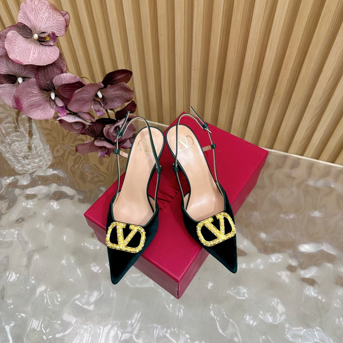 VALENTINO 25S HIGH-HEEL SLINGBACKS IN DARK GREEN VELVET WITH GOLD HARDWARE