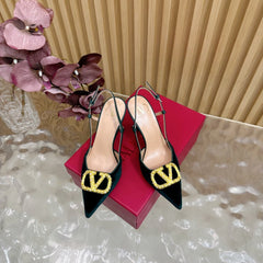 VALENTINO 25S HIGH-HEEL SLINGBACKS IN DARK GREEN VELVET WITH GOLD HARDWARE