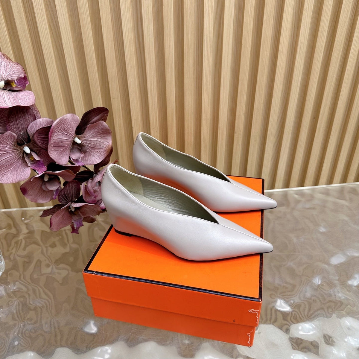 HM 25S HIGH-HEEL WEDGE SHOES 50 MM IN PALE PINK BEIGE LAMBSKIN