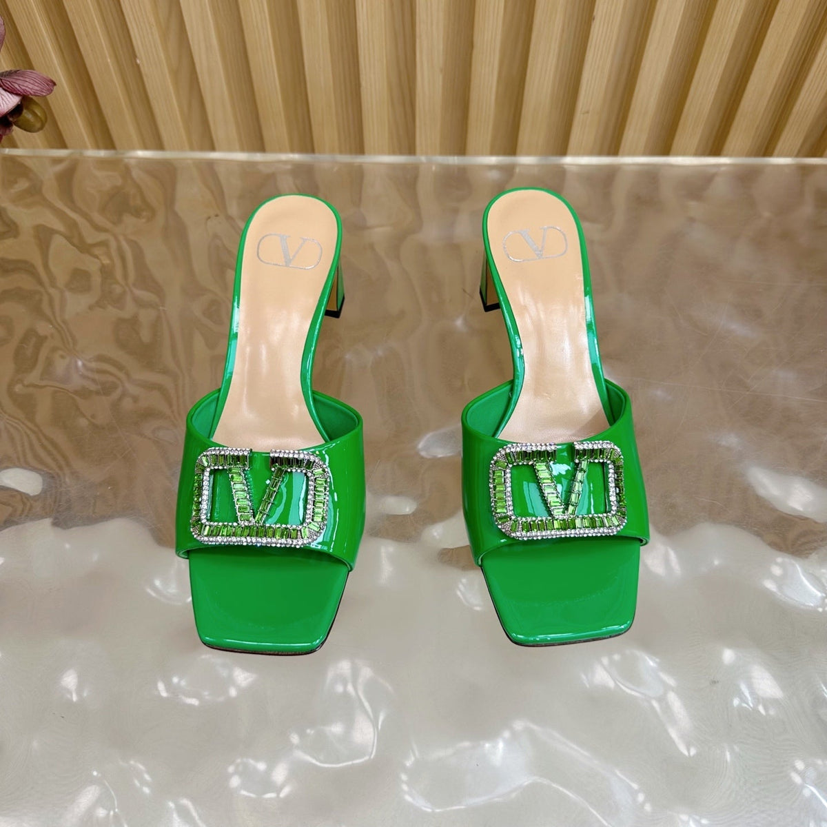 VALENTINO 25S HIGH-HEEL MULES 60 MM IN GREEN PATENT CALFSKIN WITH CRYSTAL-EMBELLISHED STRAP
