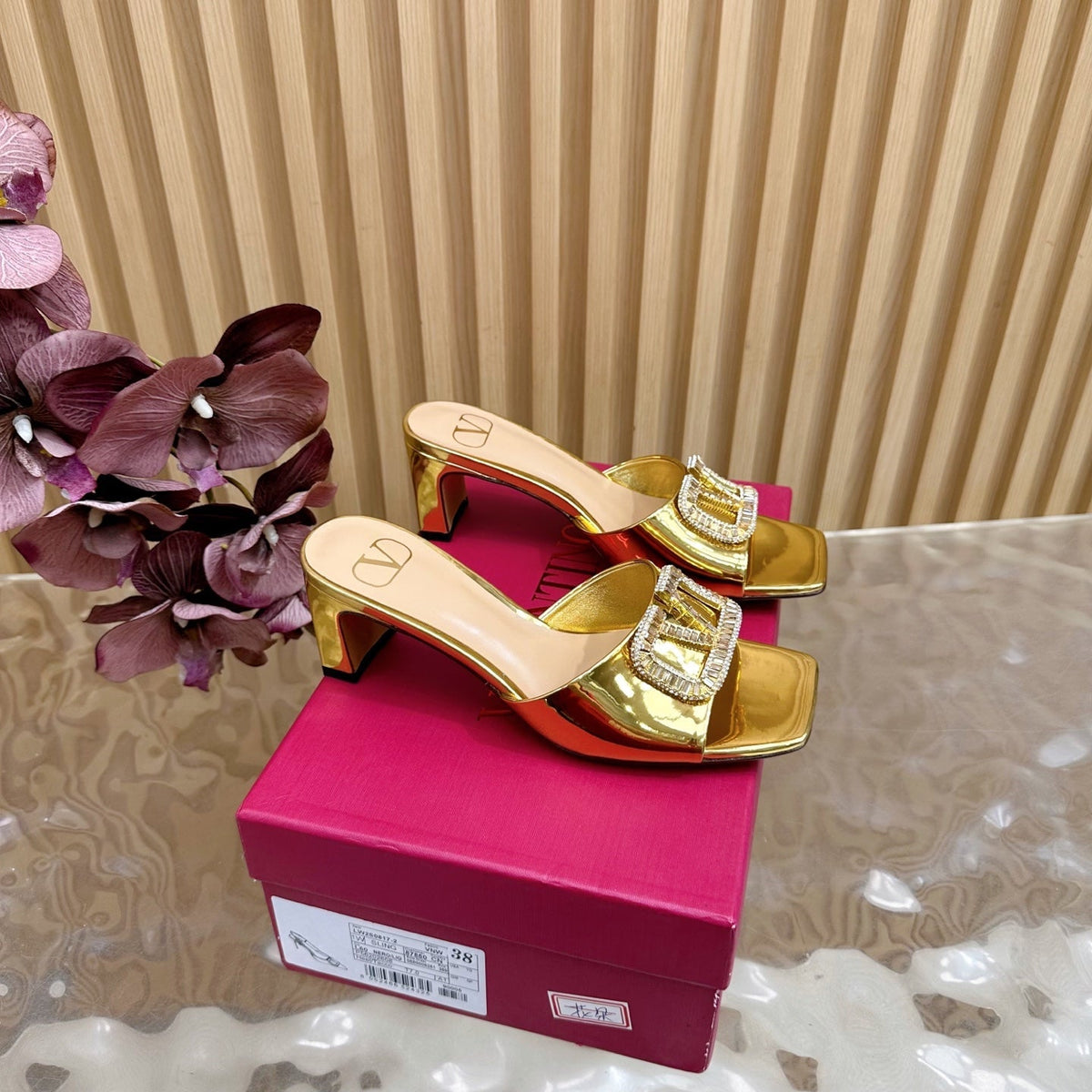 VALENTINO 25S HIGH-HEEL MULES 60 MM IN GOLD PATENT CALFSKIN WITH CRYSTAL-EMBELLISHED STRAP