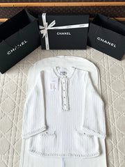 Chanel 25P Long-Sleeve Top White Tweed Pearl Buttons 237299