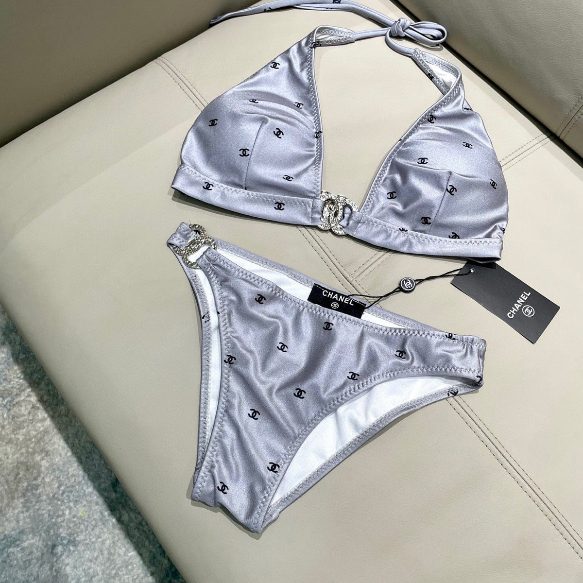 CC BIKINI SWIMSUIT SET IN GREY AND BLACK LOGO 599155
