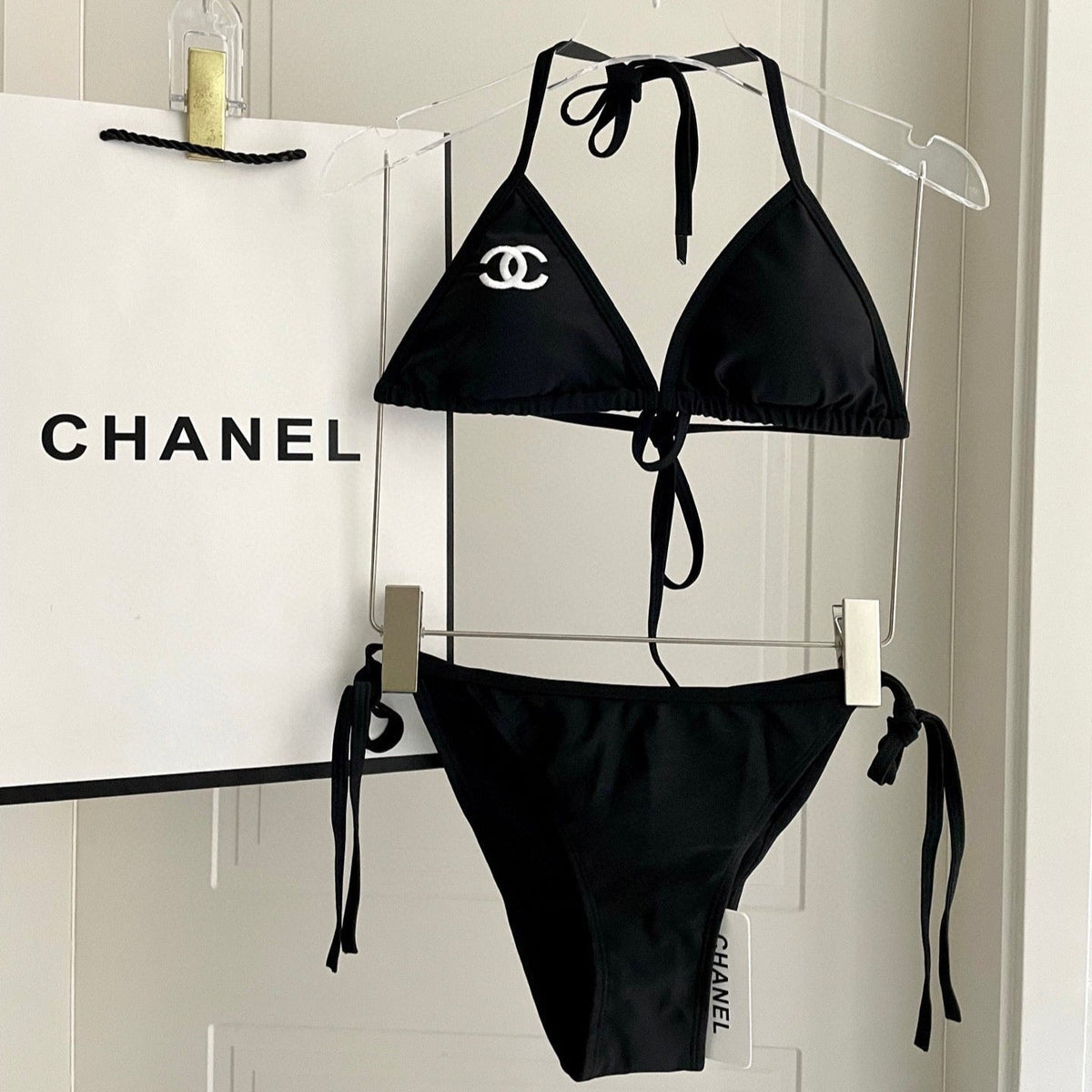 CC BIKINI SWIMSUIT SET IN BLACK EMBROIDERED LOGO 624564