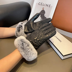 GLOVES IN BLACK EMBOSSED LAMBSKIN WITH RABBIT FUR 462323