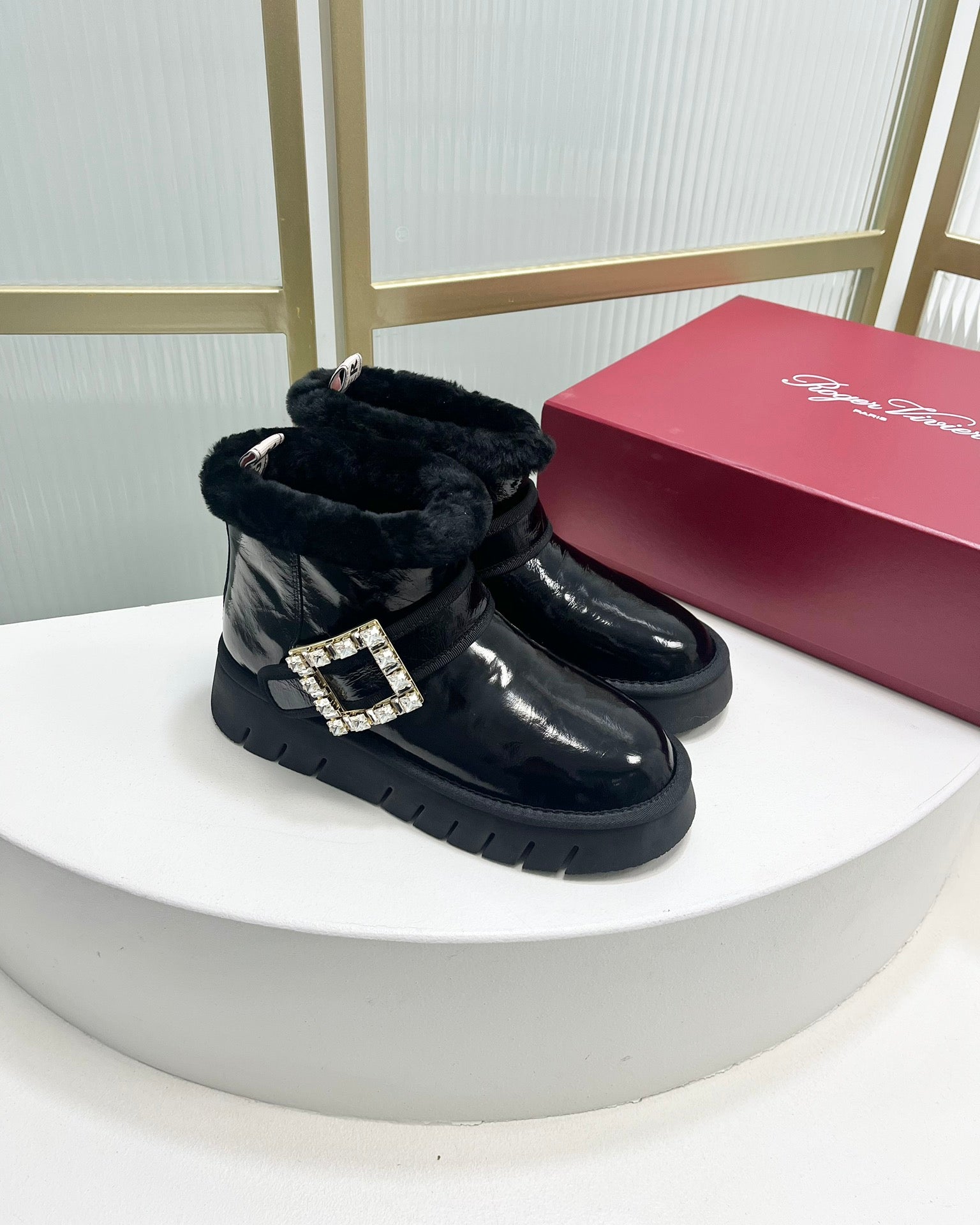 VIV’ WINTER FUR STRASS BUCKLE ANKLE BOOTS IN BLACK PATENT CALFSKIN