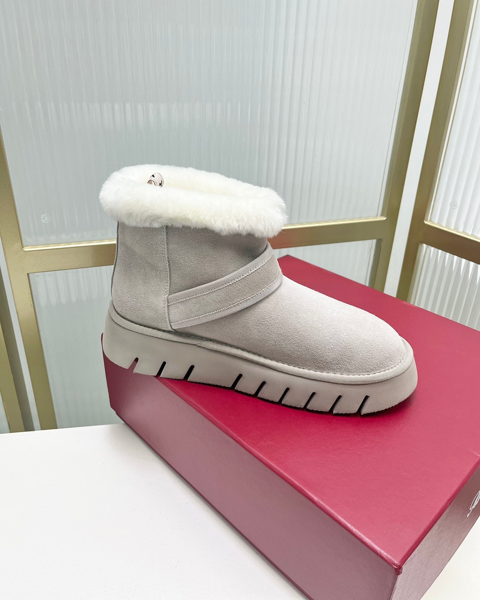 VIV’ WINTER FUR STRASS BUCKLE ANKLE BOOTS IN LIGHT GREY SUEDE