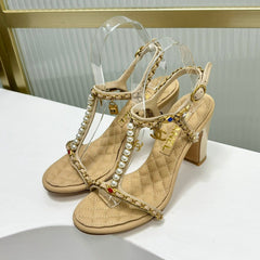 HIGH HEELS PEARL CHAIN IN BEIGE CREAM COWHIDE