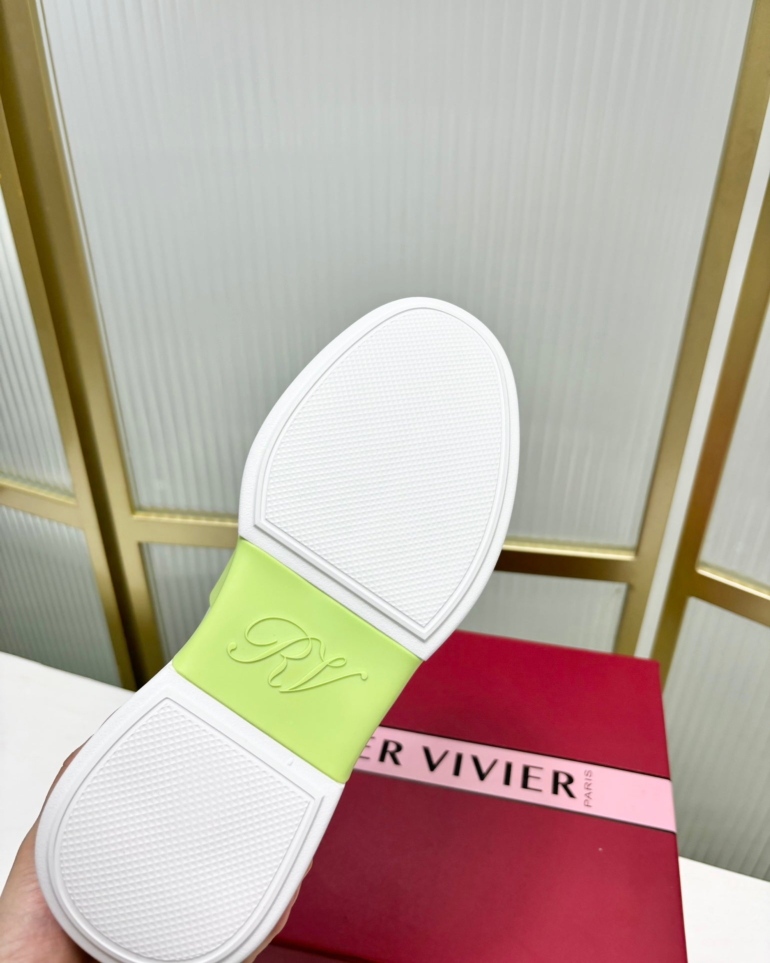 VIV' SKATE SNEAKERS IN WHITE CALFSKIN LIGHT NEON GREEN GLITTER STRAP AND CRYSTAL BUCKLE