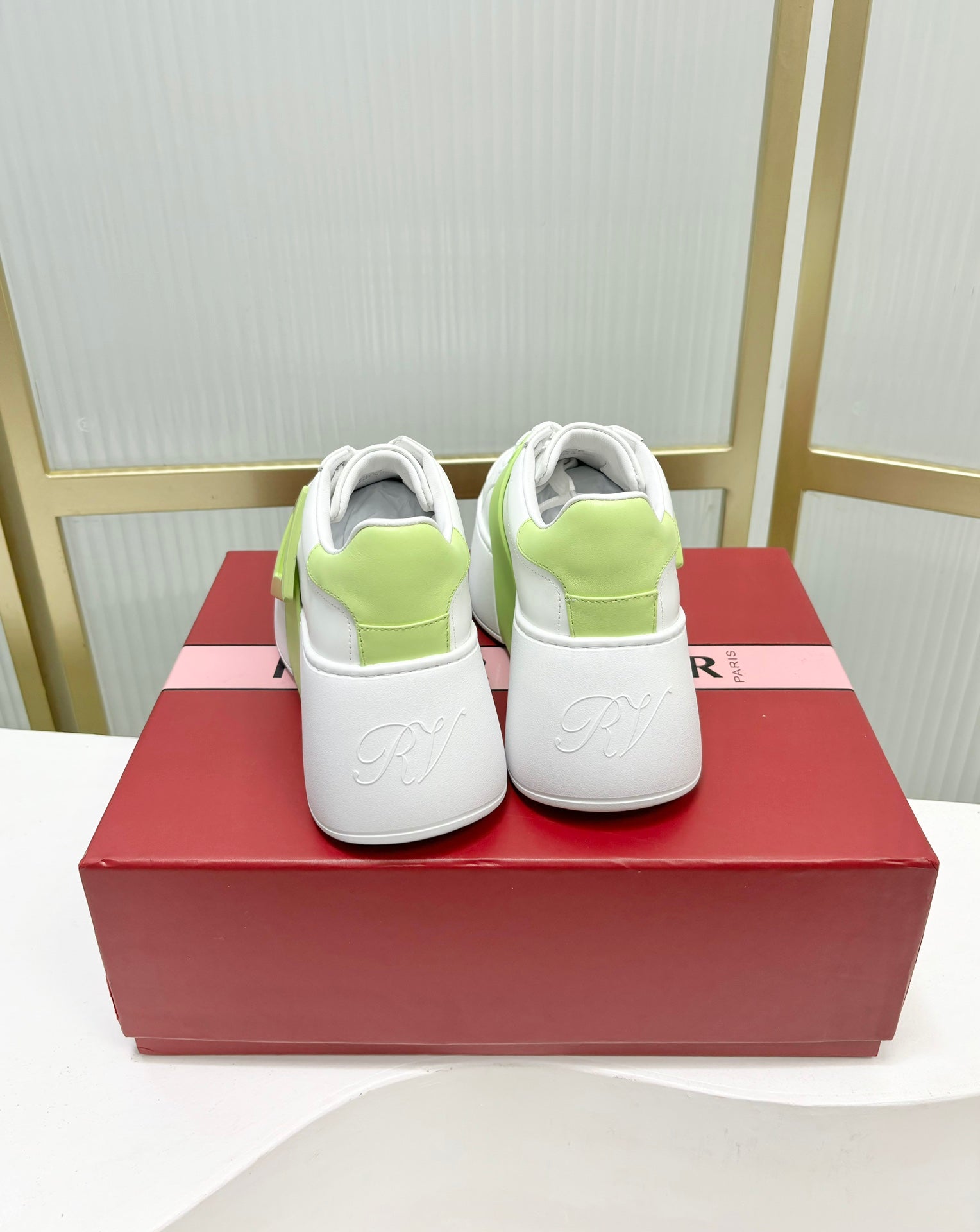 VIV' SKATE SNEAKERS IN WHITE CALFSKIN LIGHT NEON GREEN GLITTER STRAP AND CRYSTAL BUCKLE