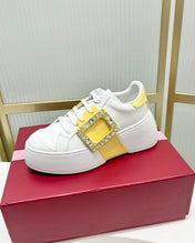 VIV' SKATE SNEAKERS IN WHITE CALFSKIN YELLOW GLITTER STRAP AND CRYSTAL BUCKLE