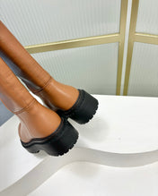 KNEE BOOTS WITH TRIANGLE LOGO IN CAMEL CALFSKIN