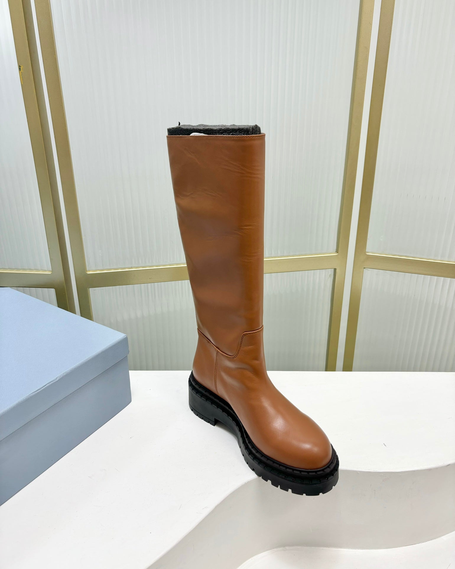KNEE BOOTS WITH TRIANGLE LOGO IN CAMEL CALFSKIN