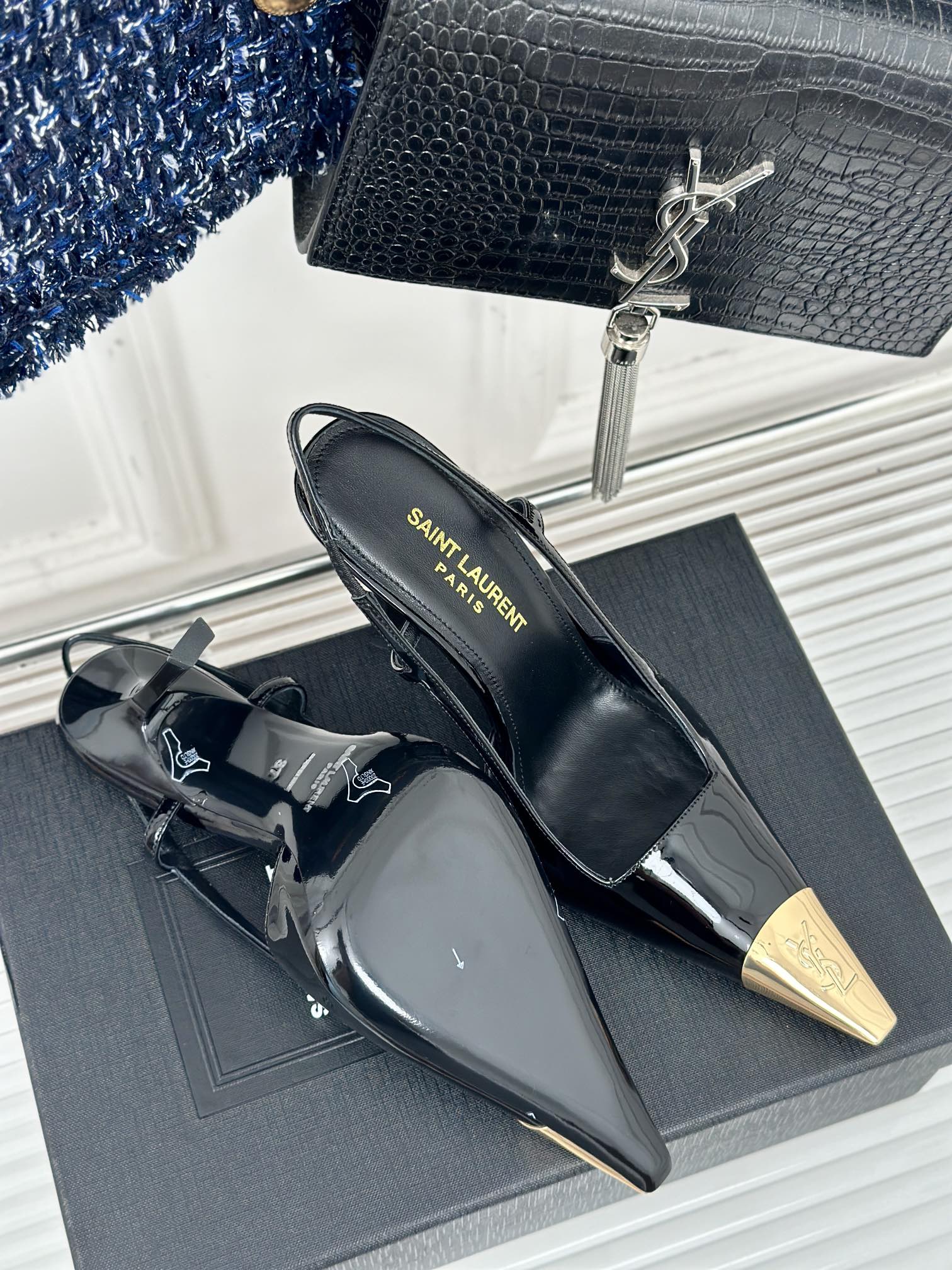 SL JEANNE SLINGBACK PUMPS BLACK POLISHED CALFSKIN