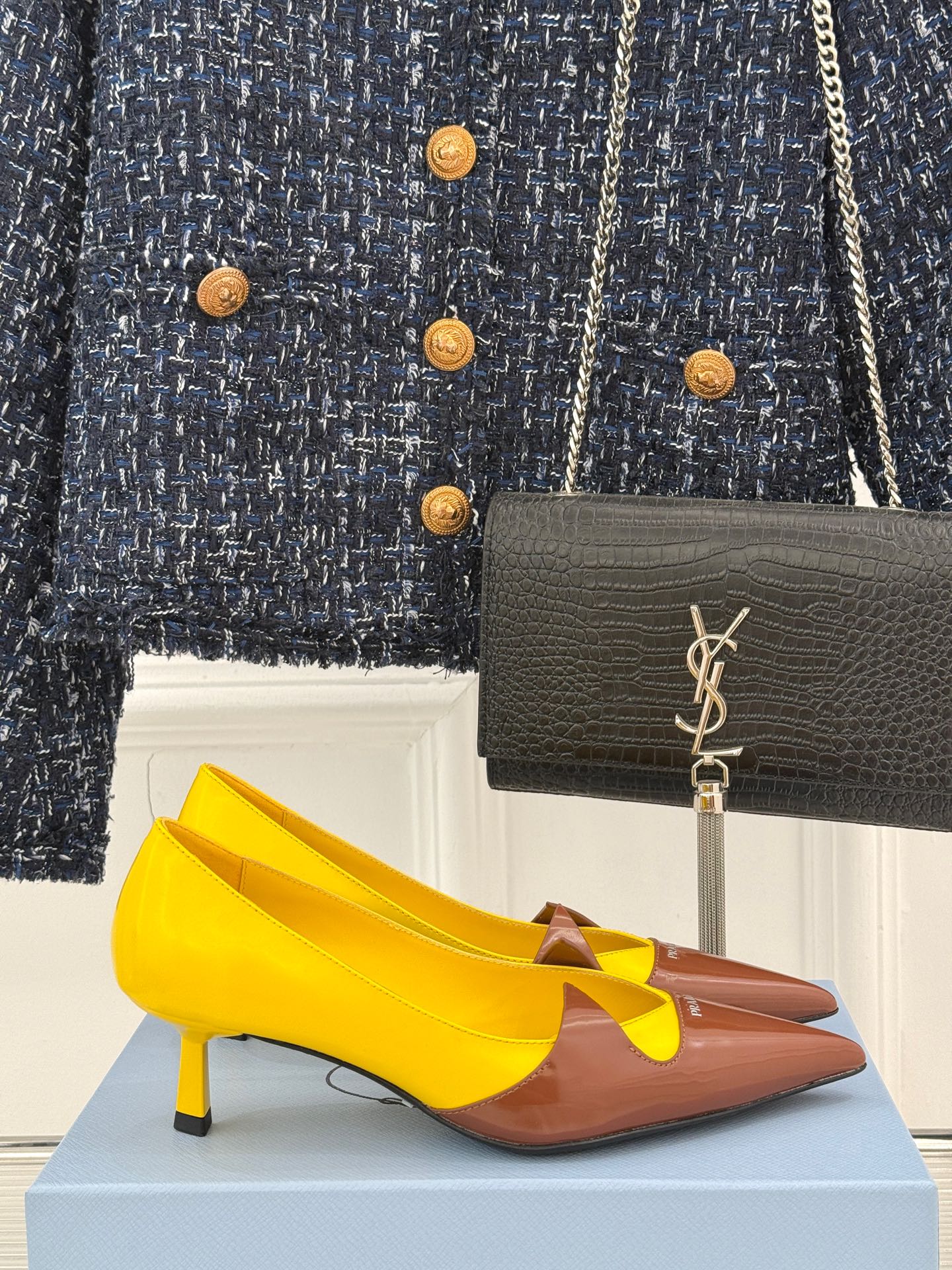 KITTEN HEEL PUMPS IN YELLOW MIX BROWN ORANGE CALFSKIN