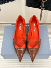 KITTEN HEEL PUMPS IN BROWN MIX ORANGE CALFSKIN