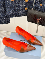 KITTEN HEEL PUMPS IN BROWN MIX ORANGE CALFSKIN