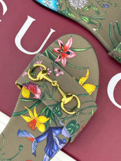 SLIDE SANDALS IN WARM BEIGE FABRIC FLORAL AND LEAF PRINT