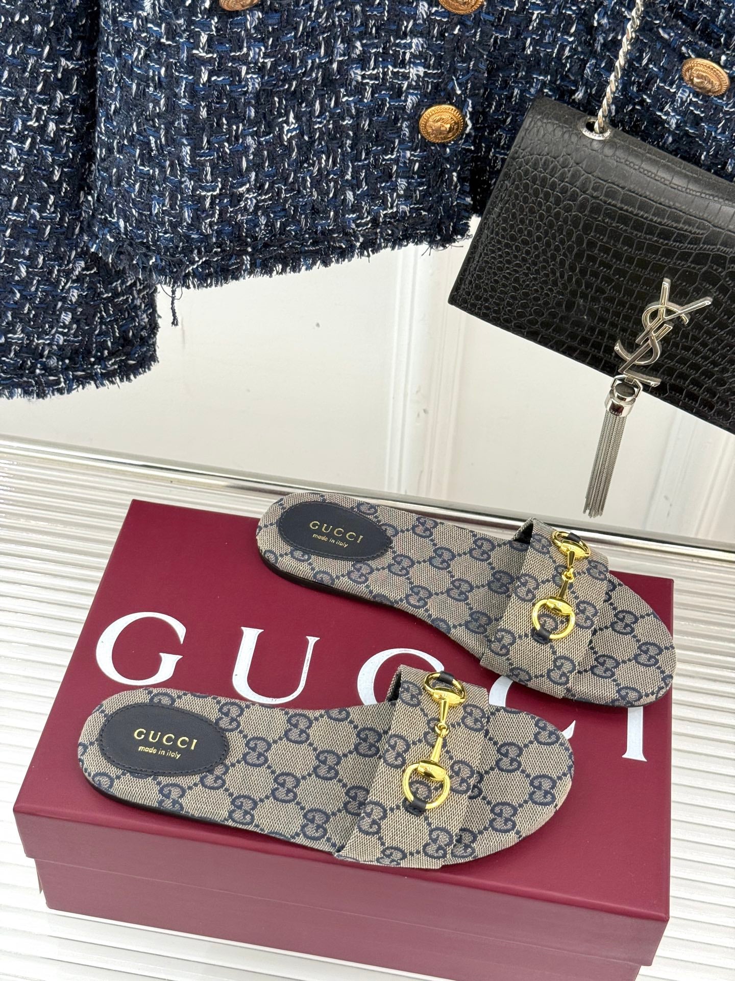 SLIDE SANDALS IN WARM BEIGE FABRIC EMBOSSED LOGO