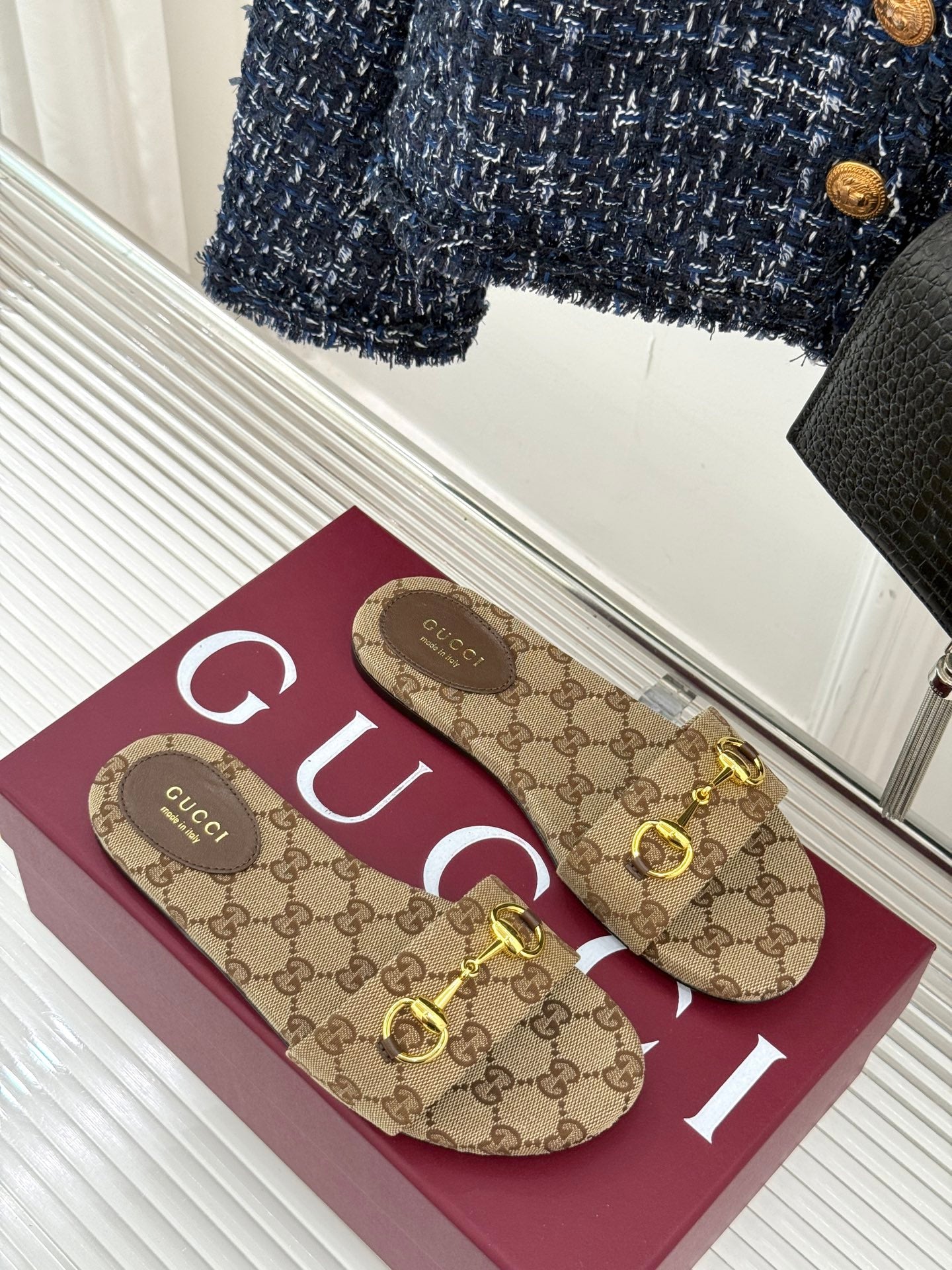 SLIDE SANDALS IN DARK BEIGE FABRIC EMBOSSED LOGO