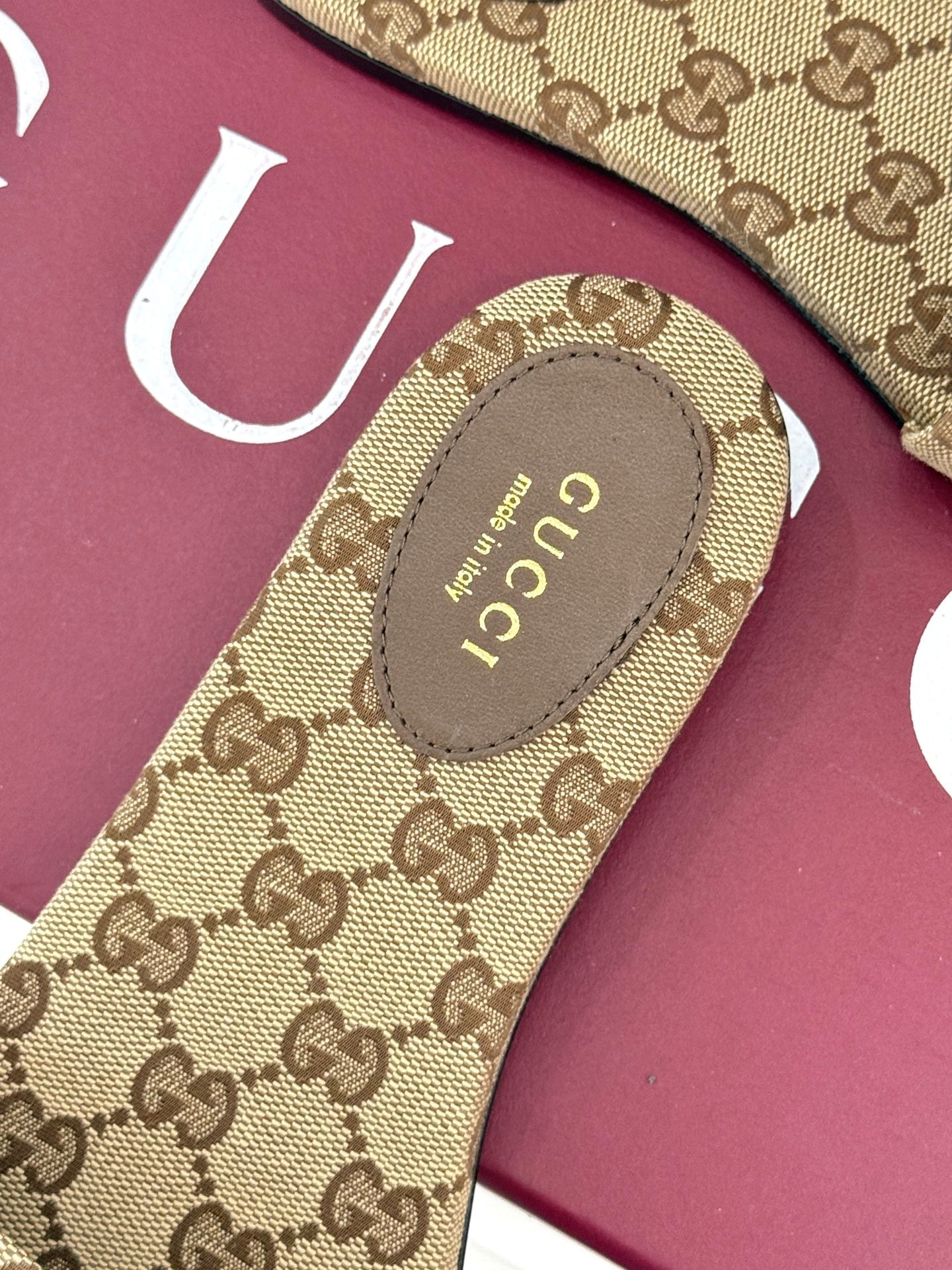 SLIDE SANDALS IN DARK BEIGE FABRIC EMBOSSED LOGO