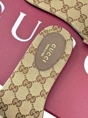 SLIDE SANDALS IN DARK BEIGE FABRIC EMBOSSED LOGO