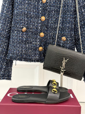 SLIDE SANDALS IN BLACK CALFSKIN WITH GOLD HARDWARE