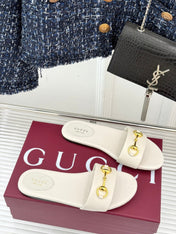 SLIDE SANDALS IN WHITE CALFSKIN WITH GOLD HARDWARE