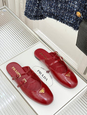 PRADA 25S DUAL MARY JANE BALLERINA MULES IN RED WINE CALFSKIN