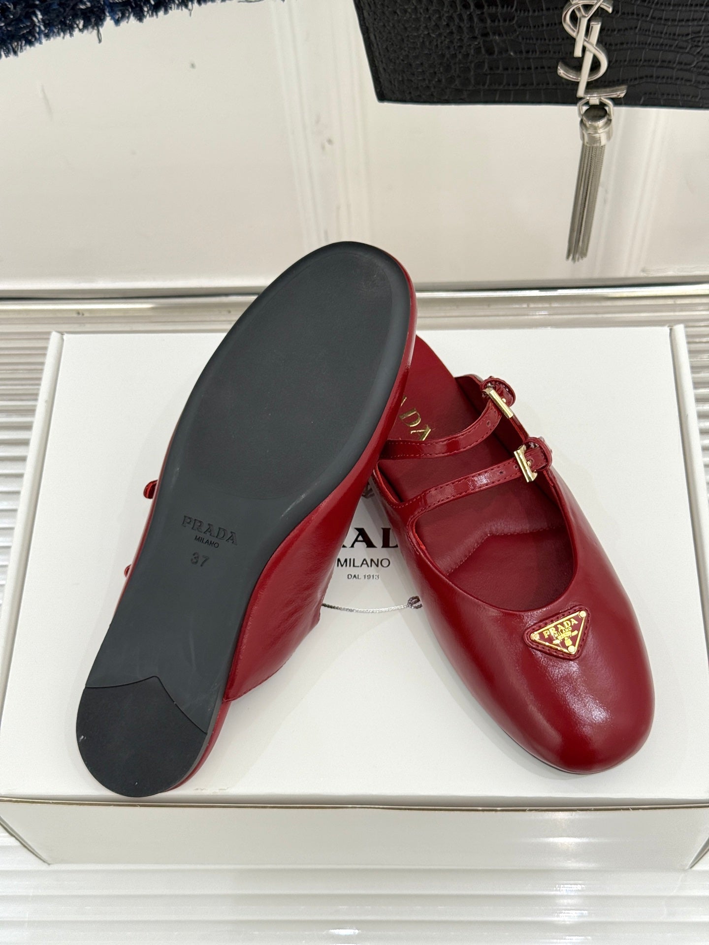 PRADA 25S DUAL MARY JANE BALLERINA MULES IN RED WINE CALFSKIN