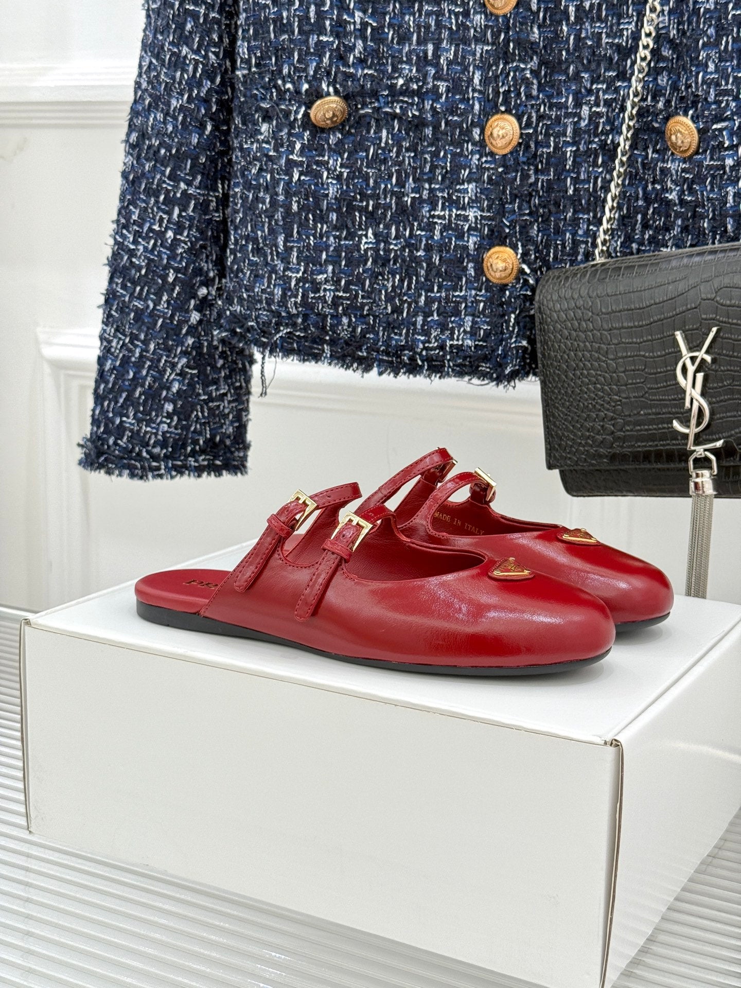 PRADA 25S DUAL MARY JANE BALLERINA MULES IN RED WINE CALFSKIN