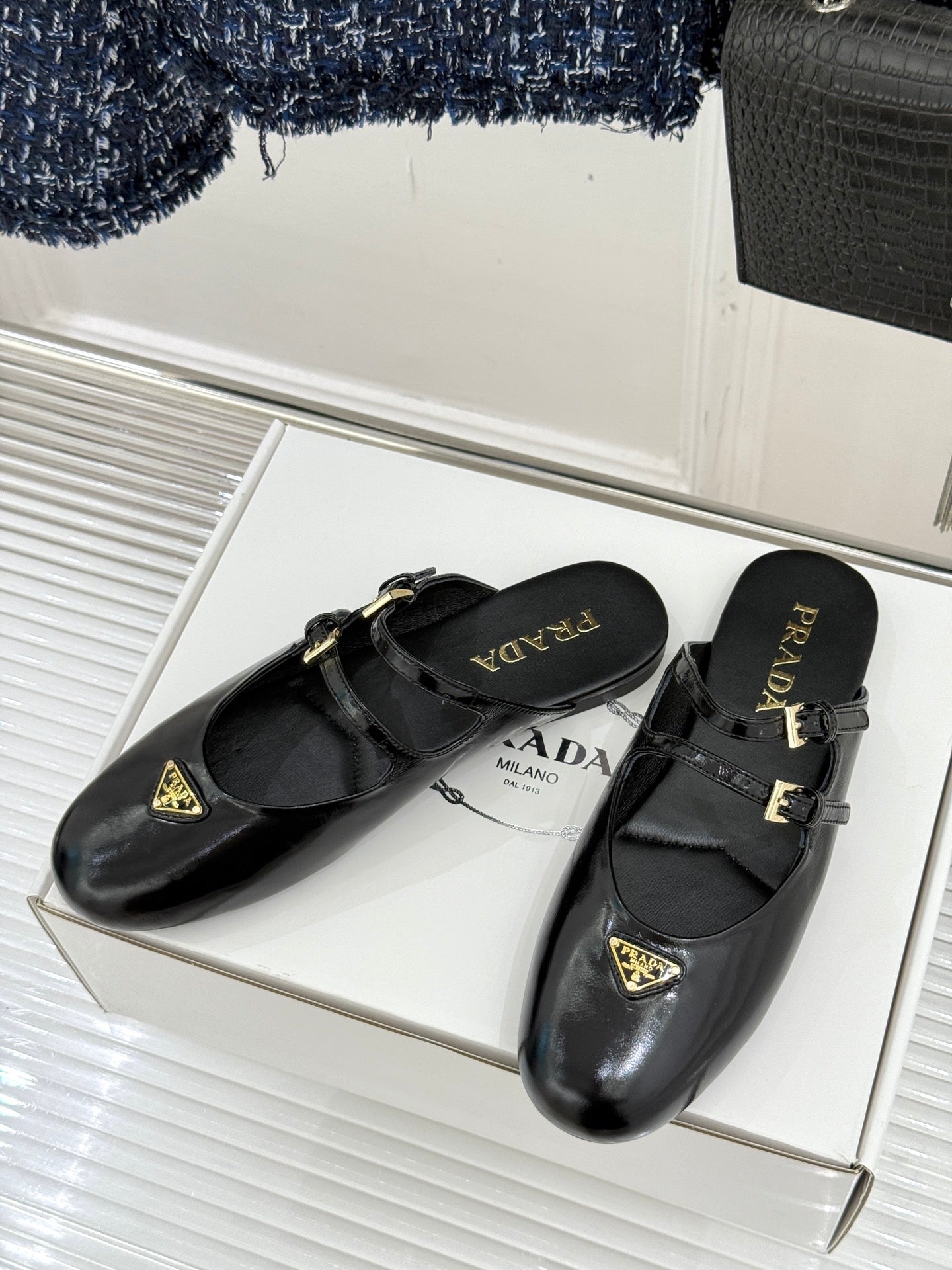 PRADA 25S DUAL MARY JANE BALLERINA MULES IN BLACK CALFSKIN
