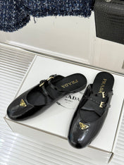 PRADA 25S DUAL MARY JANE BALLERINA MULES IN BLACK CALFSKIN