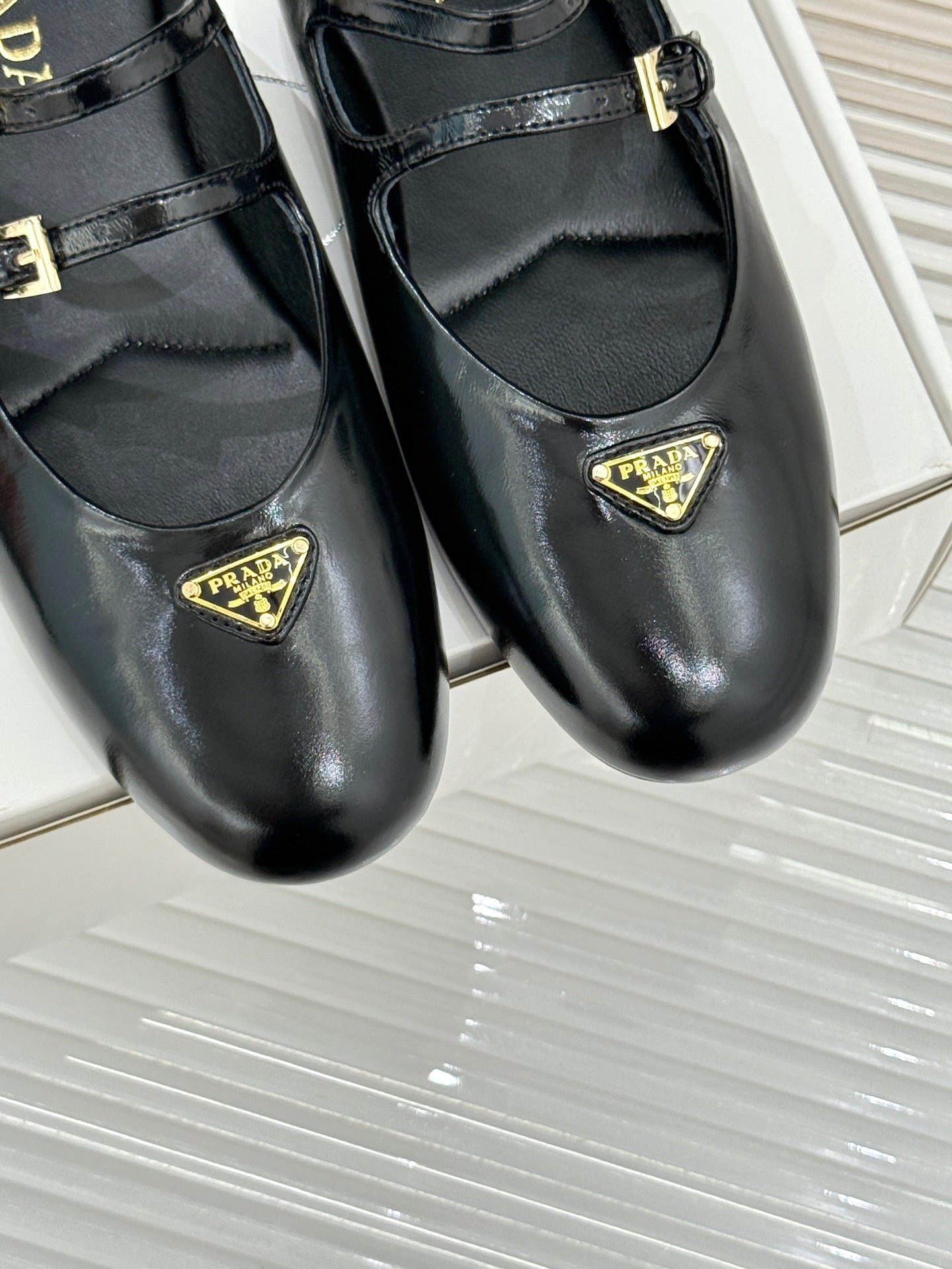 PRADA 25S DUAL MARY JANE BALLERINA MULES IN BLACK CALFSKIN