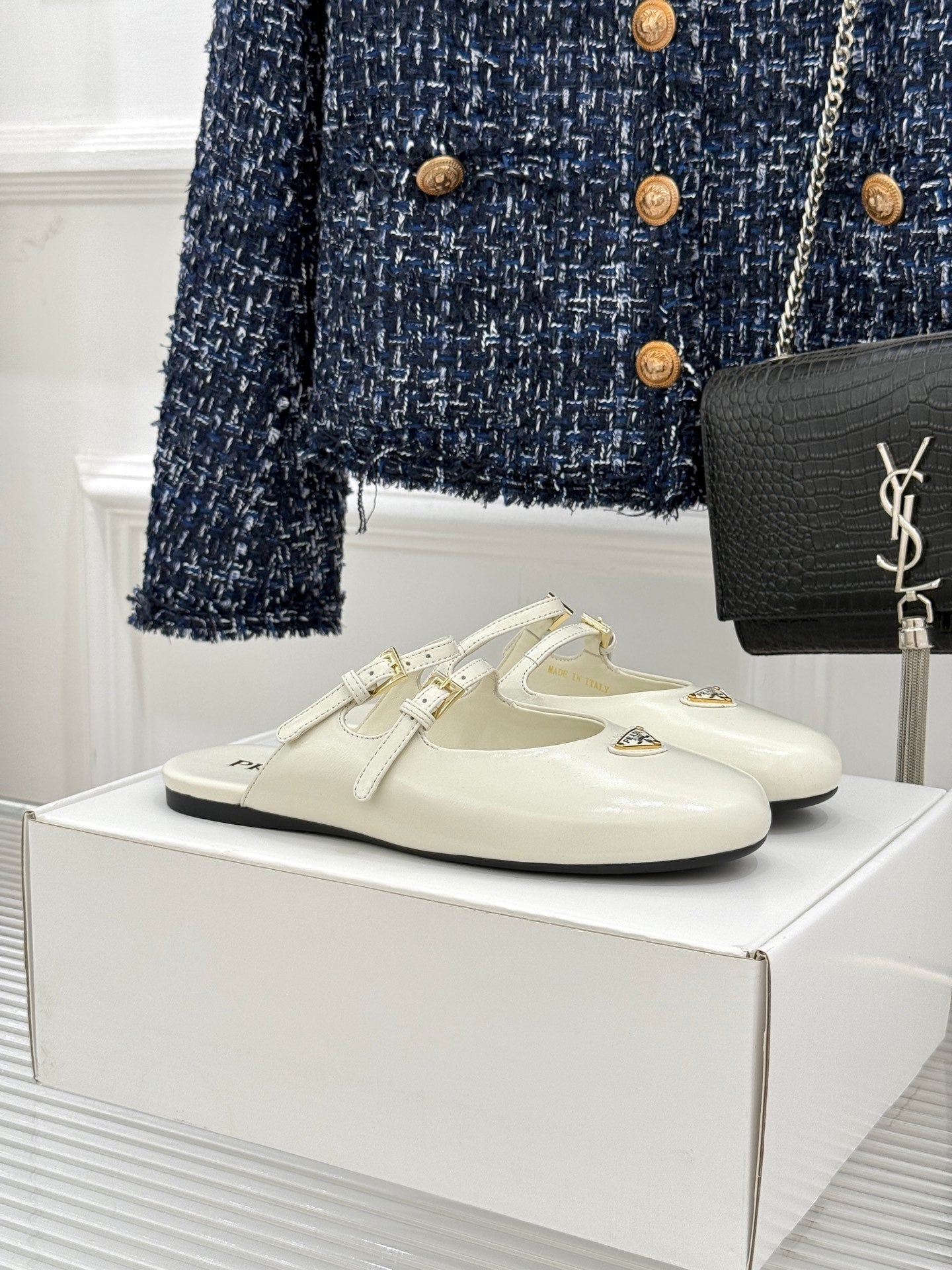 PRADA 25S DUAL MARY JANE BALLERINA MULES IN IVORY CALFSKIN